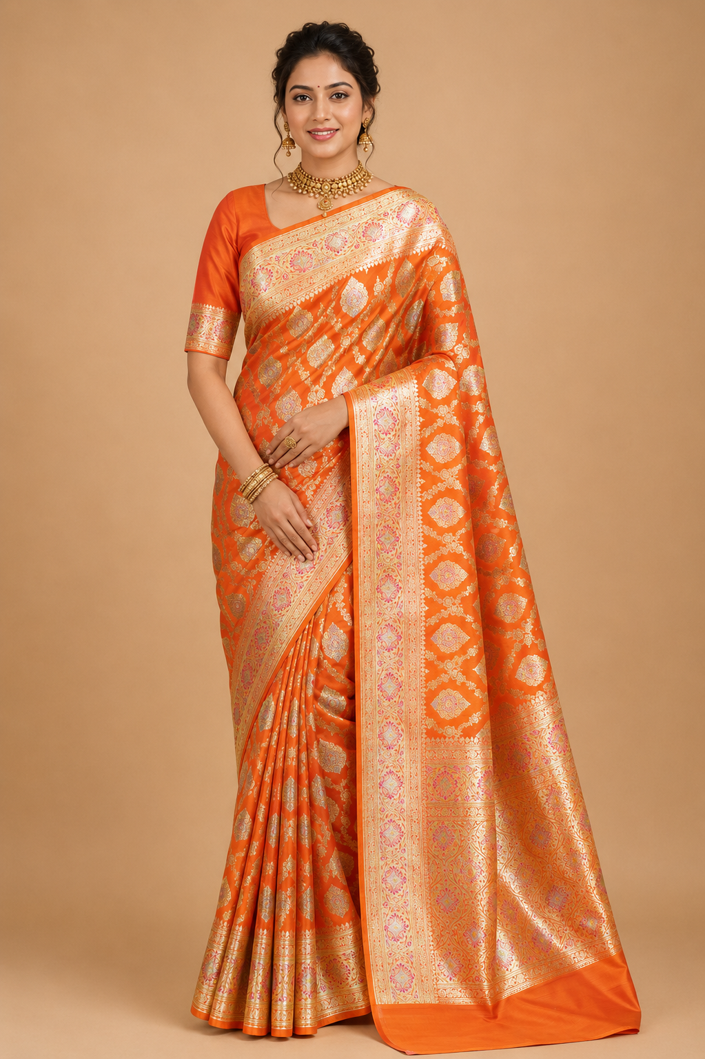 Banarasi Silk Saree in Saffron Orange with Antique Gold & Pink Meenakari Zari Weaving