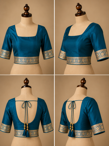 Banarasi Silk Saree in Peacock Blue with Antique Gold Zari Weaving