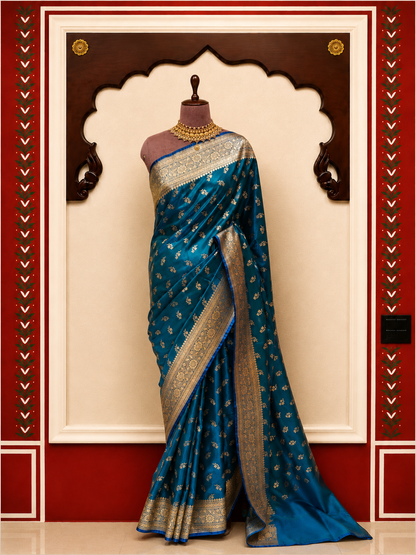 Banarasi Silk Saree in Peacock Blue with Antique Gold Zari Weaving