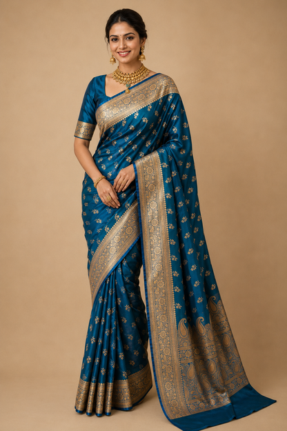 Banarasi Silk Saree in Peacock Blue with Antique Gold Zari Weaving