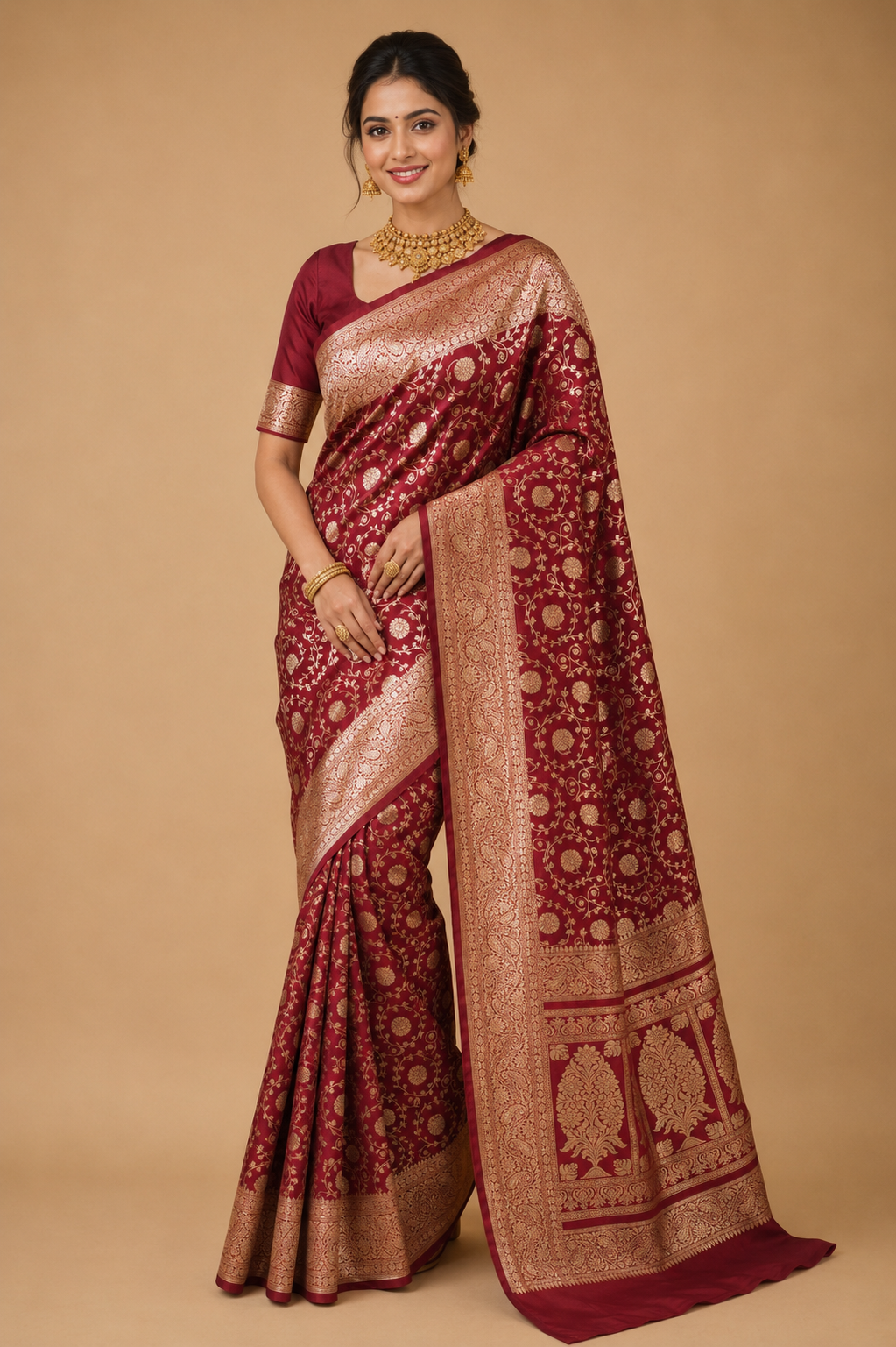 Banarasi Silk Saree in Deep Burgundy Wine with Antique Gold Zari Jaal Weaving