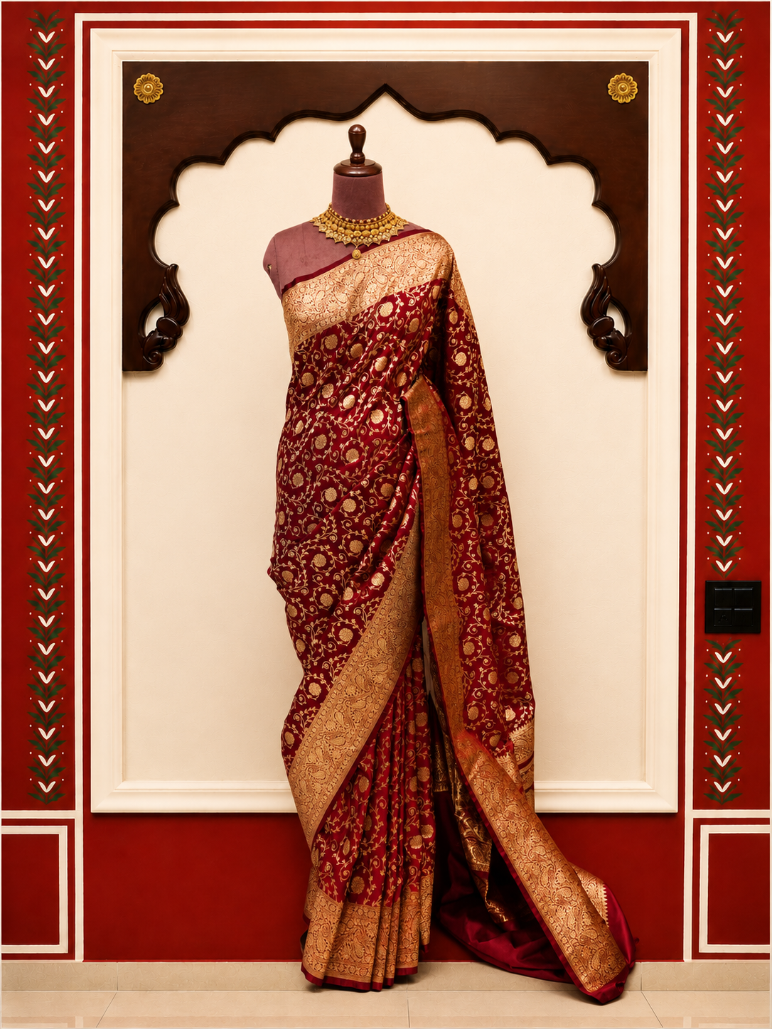 Banarasi Silk Saree in Deep Burgundy Wine with Antique Gold Zari Jaal Weaving