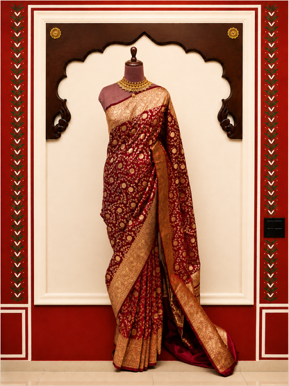 Banarasi Silk Saree in Deep Burgundy Wine with Antique Gold Zari Jaal Weaving