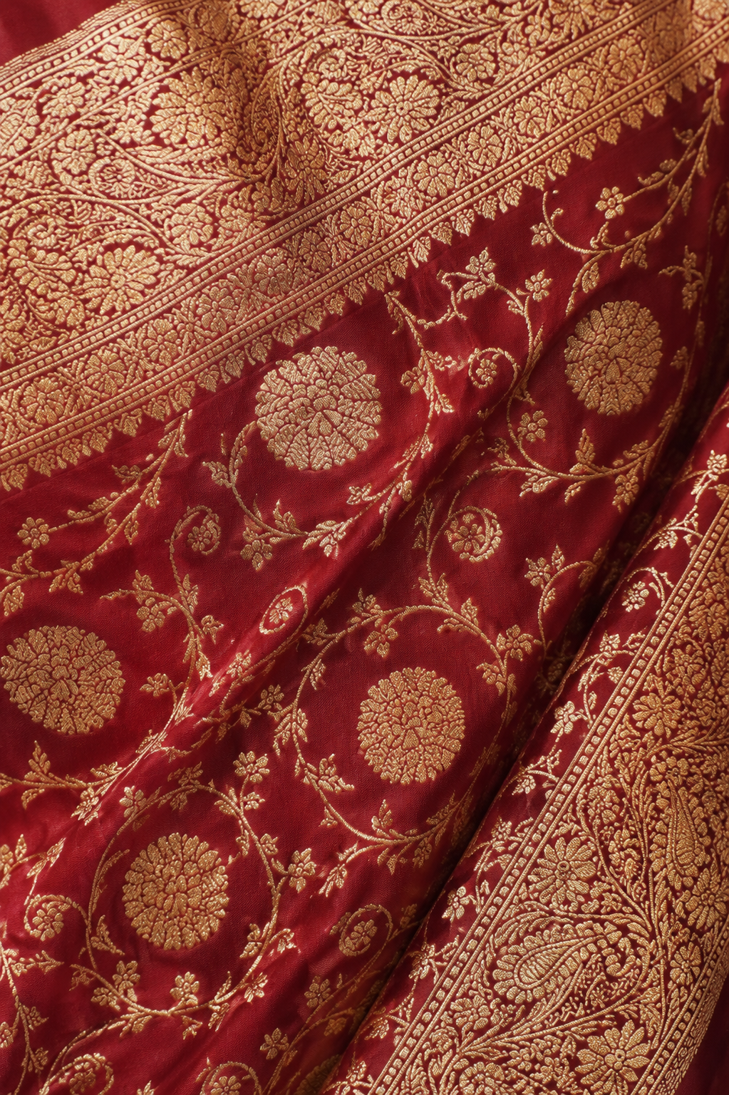 Banarasi Silk Saree in Deep Burgundy Wine with Antique Gold Zari Jaal Weaving