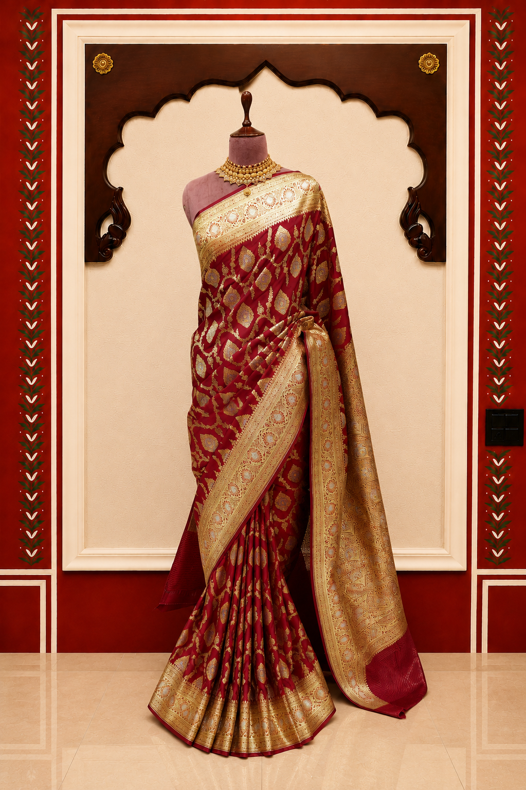 Banarasi Silk Saree in Wine Red with Rich Gold Zari Floral Butti
