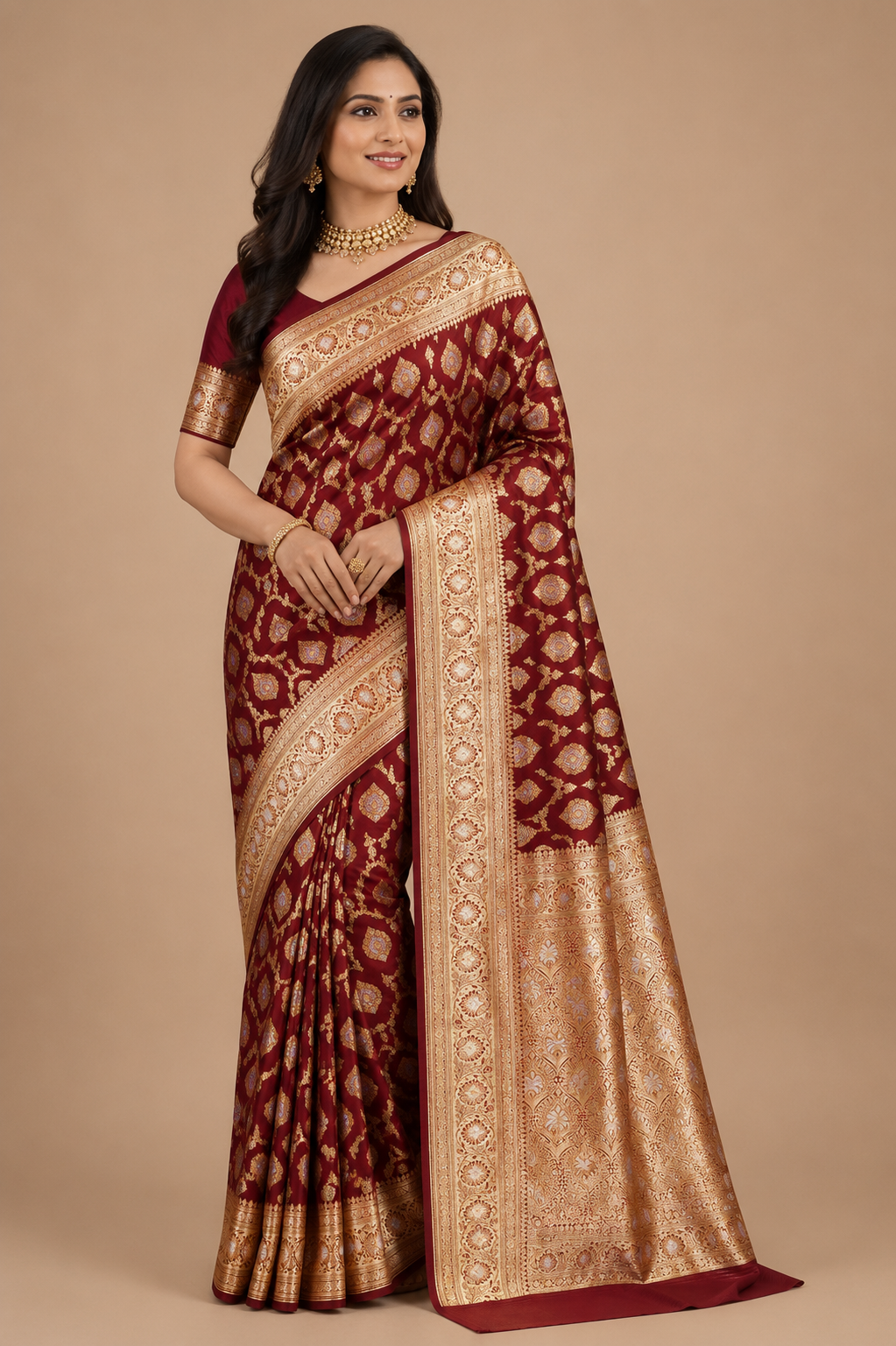 Banarasi Silk Saree in Wine Red with Rich Gold Zari Floral Butti