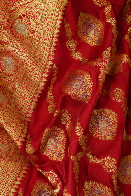 Banarasi Silk Saree in Wine Red with Rich Gold Zari Floral Butti