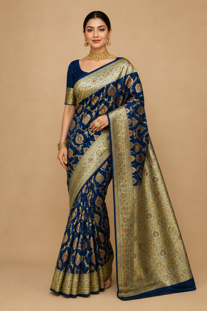 Banarasi Silk Saree in Royal Blue with Rich Gold Zari Floral Butti