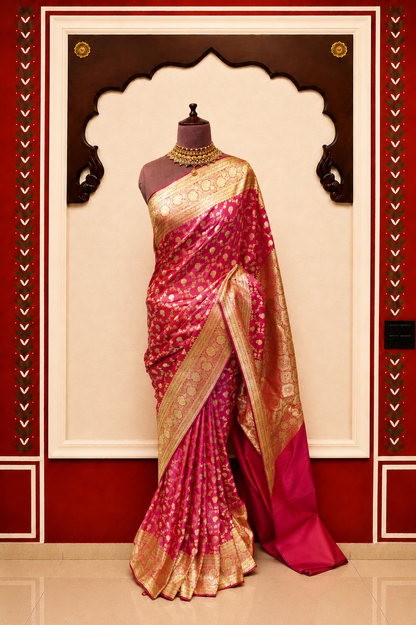 Banarasi Silk Saree in Rose Pink with Rich Gold Zari Floral Butti