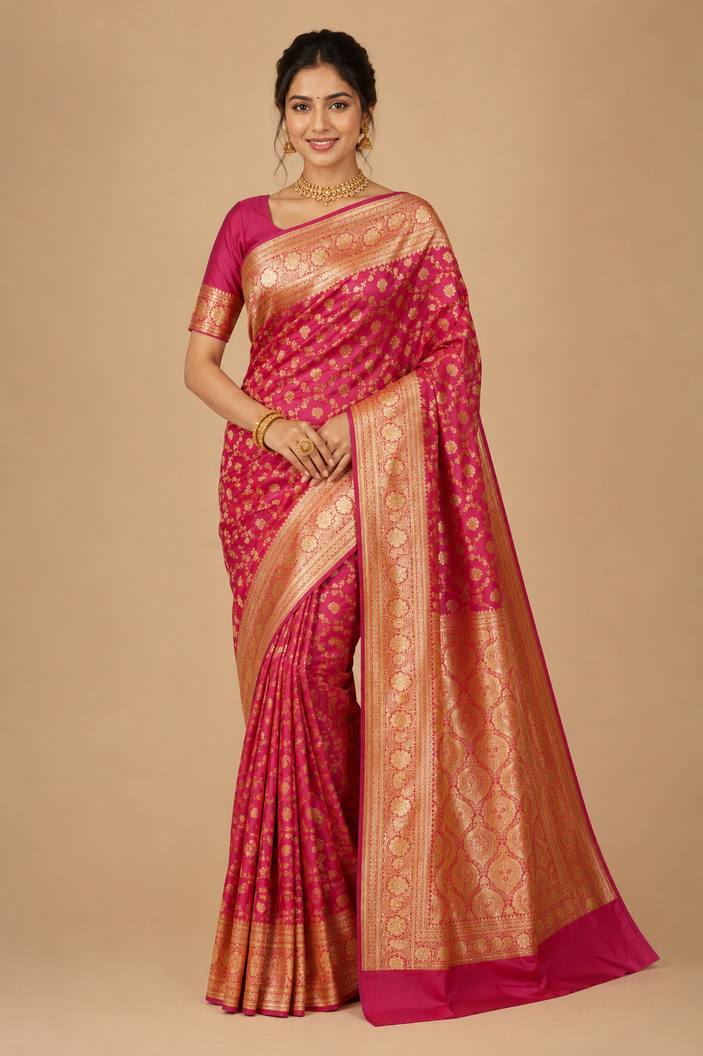 Banarasi Silk Saree in Rose Pink with Rich Gold Zari Floral Butti