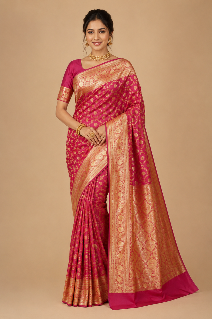 Banarasi Silk Saree in Rose Pink with Rich Gold Zari Floral Butti