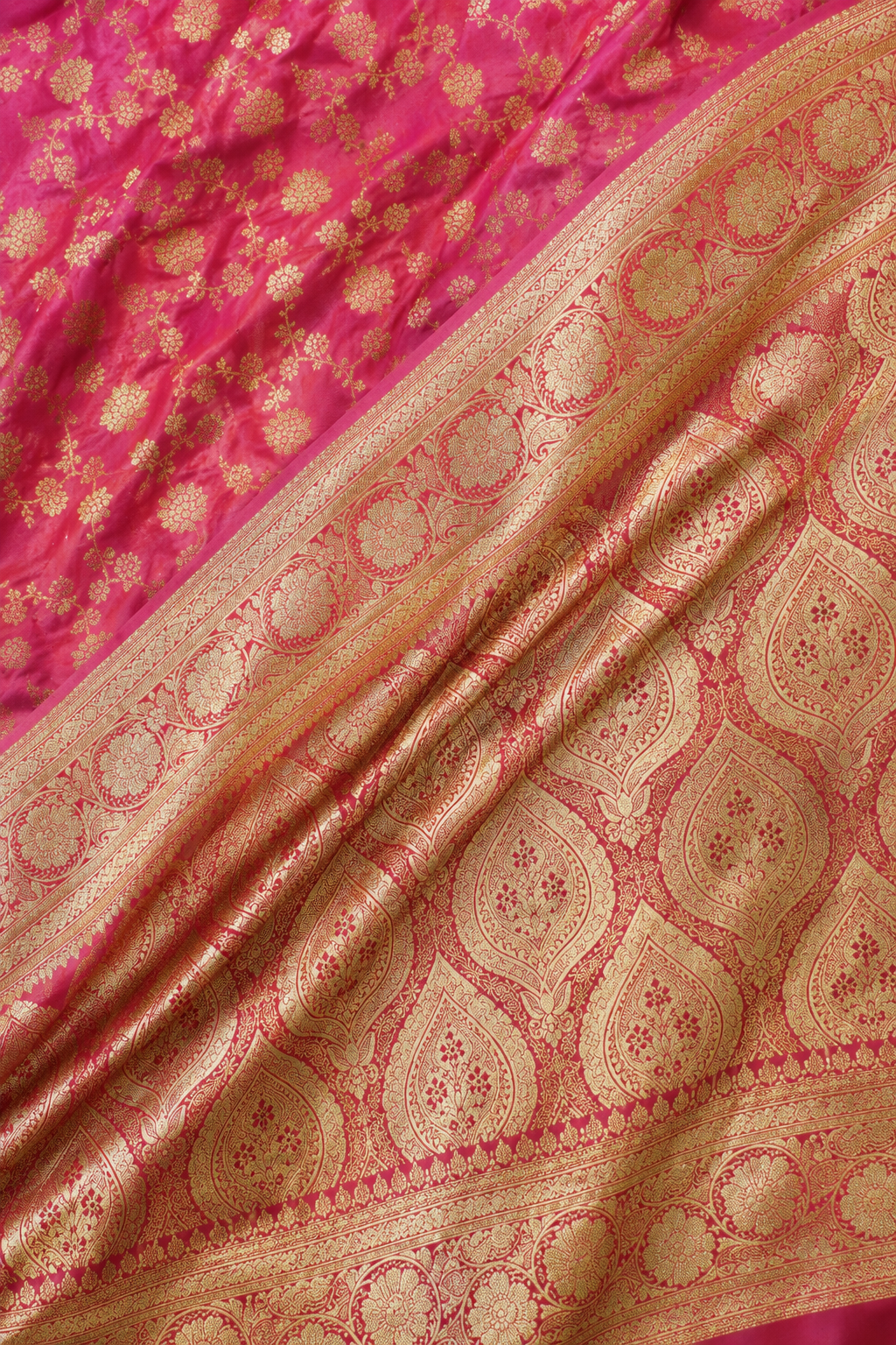 Banarasi Silk Saree in Rose Pink with Rich Gold Zari Floral Butti