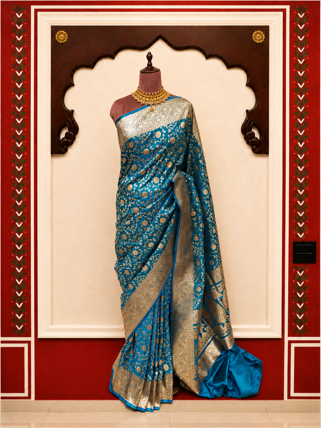 Banarasi Silk Saree in Peacock Blue with Silver-Gold Zari Floral Jaal