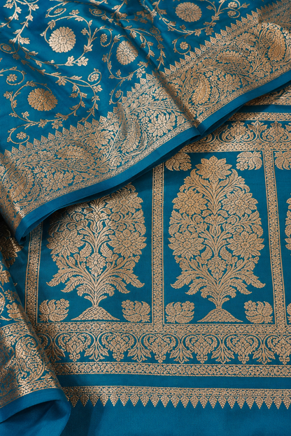 Banarasi Silk Saree in Peacock Blue with Silver-Gold Zari Floral Jaal