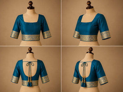 Banarasi Silk Saree in Peacock Blue with Silver-Gold Zari Floral Jaal
