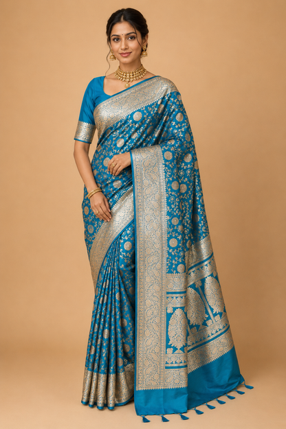 Banarasi Silk Saree in Peacock Blue with Silver-Gold Zari Floral Jaal