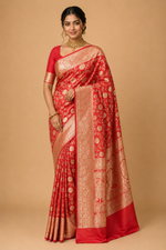 Banarasi Silk Saree in Coral Pink with Antique Gold Zari Floral Jaal