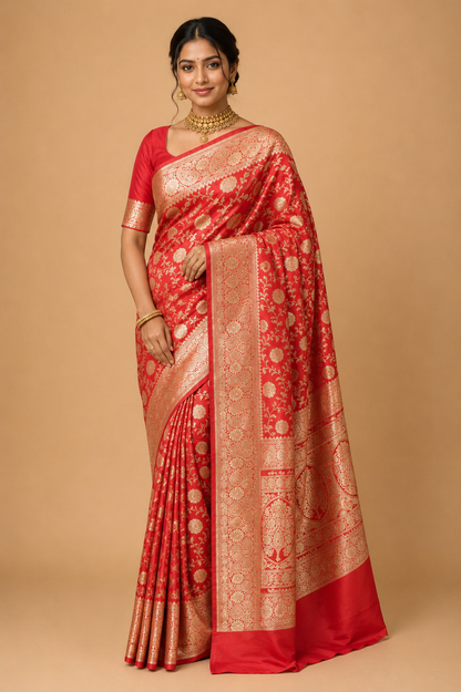 Banarasi Silk Saree in Coral Pink with Antique Gold Zari Floral Jaal