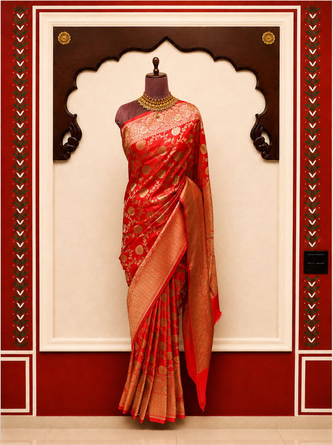 Banarasi Silk Saree in Coral Pink with Antique Gold Zari Floral Jaal