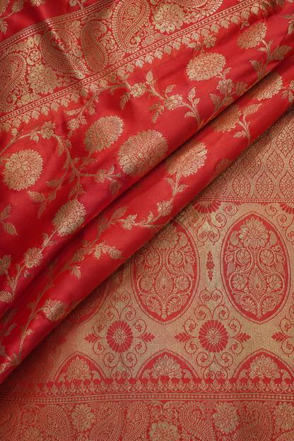 Banarasi Silk Saree in Coral Pink with Antique Gold Zari Floral Jaal