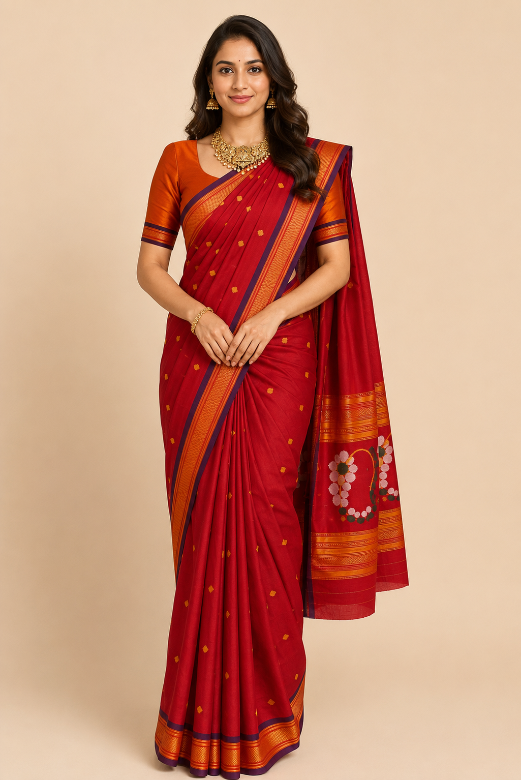Paithani Silk Blend Saree – Deep Red with Orange-Gold Zari Border