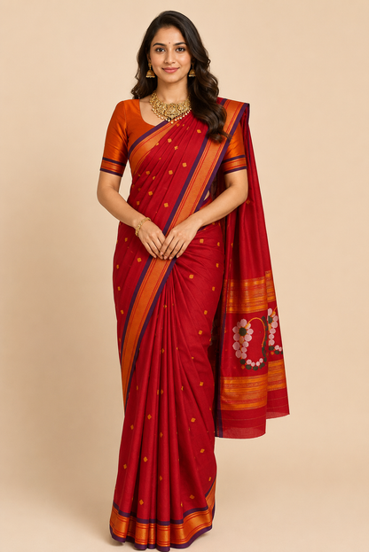 Paithani Silk Blend Saree – Deep Red with Orange-Gold Zari Border