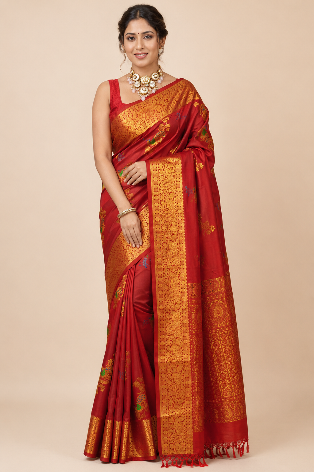 Gadwal Silk Saree – Maroon with Peacock Motifs &  Gold Zari Border