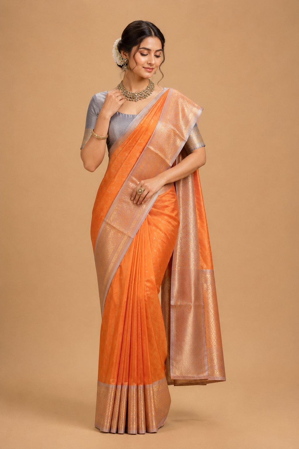 Gadwal Silk Saree – Peach Orange with Silver-Gold Zari Border & Rich Pallu