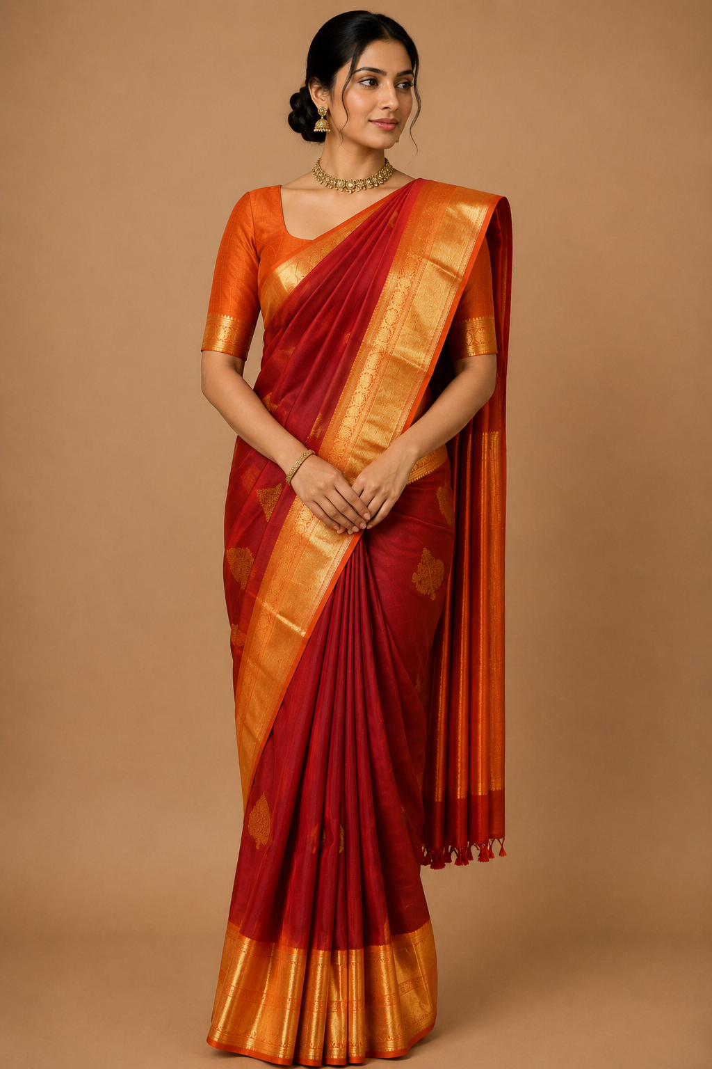 Kanjivaram Silk Saree | Deep Maroon Red with Rich Gold Zari Border