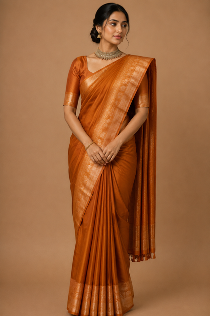 Kanjivaram Silk Saree | Antique Copper Brown with Rich Self Zari Border