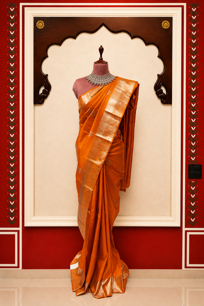 Kanjivaram Silk Saree | Rust Orange with Rich Gold Zari Border | Traditional Wedding Silk Saree