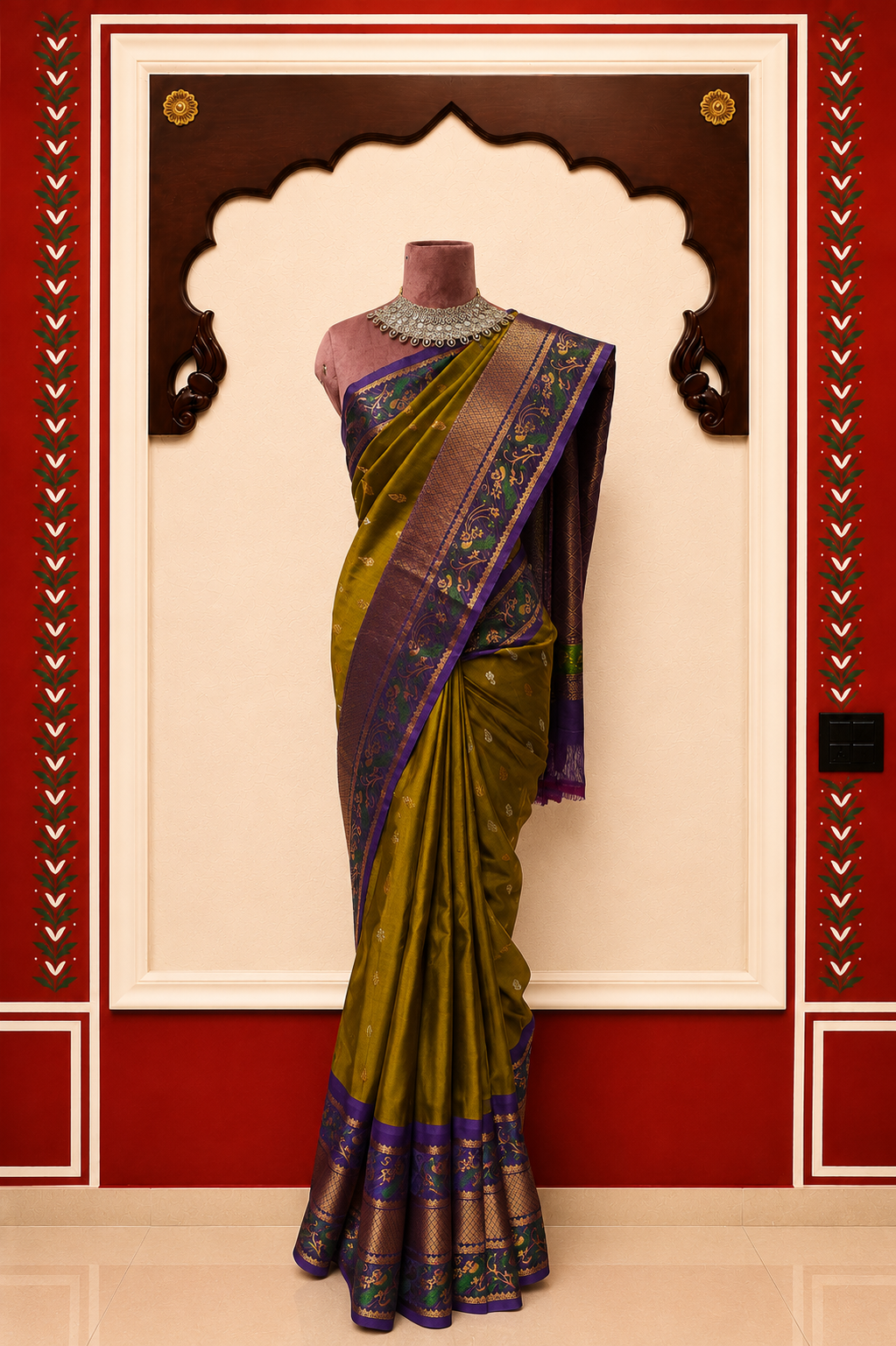 Gadwal Silk Saree – Olive Green with Royal Purple Floral Border