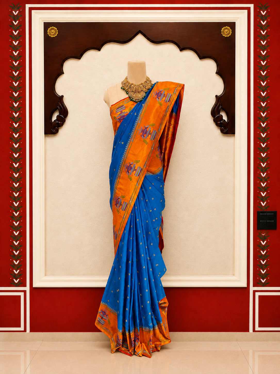 Paithani Silk Saree – Blue with Orange Zari Peacock Motif Border