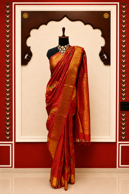 Gadwal Silk Saree – Maroon with Peacock Motifs &  Gold Zari Border