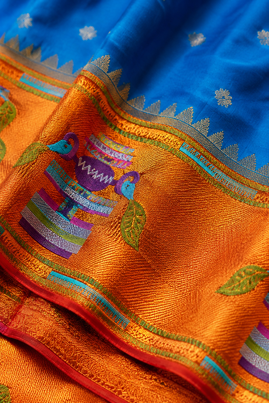 Paithani Silk Saree – Blue with Orange Zari Peacock Motif Border