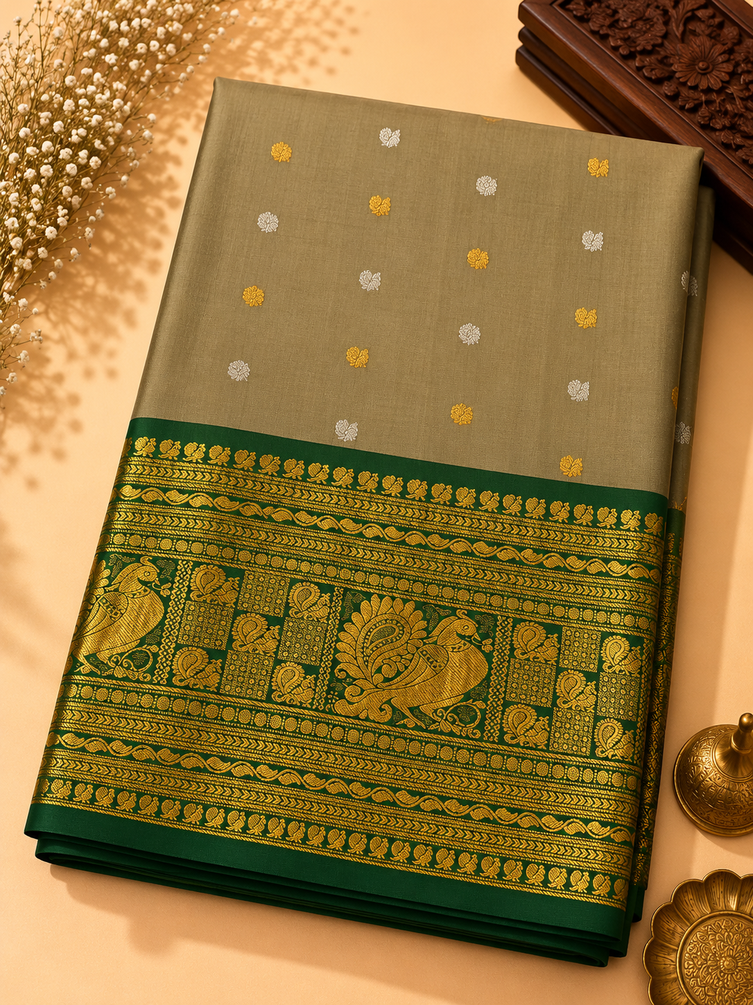 Gadwal Silk Saree – Beige with Emerald Green & Antique Gold Zari Border