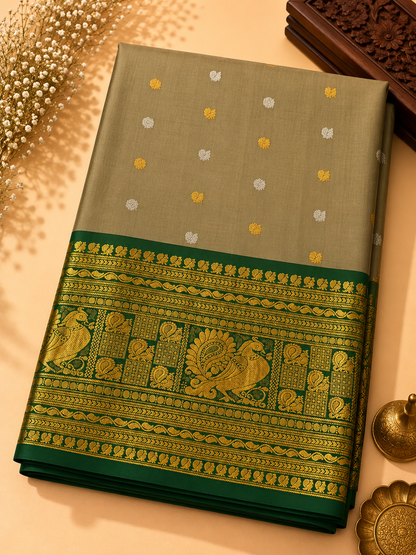 Gadwal Silk Saree – Beige with Emerald Green & Antique Gold Zari Border