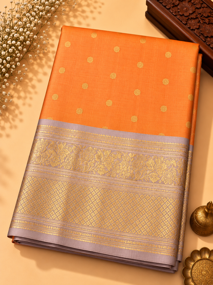 Gadwal Silk Saree – Peach Orange with Silver-Gold Zari Border & Rich Pallu