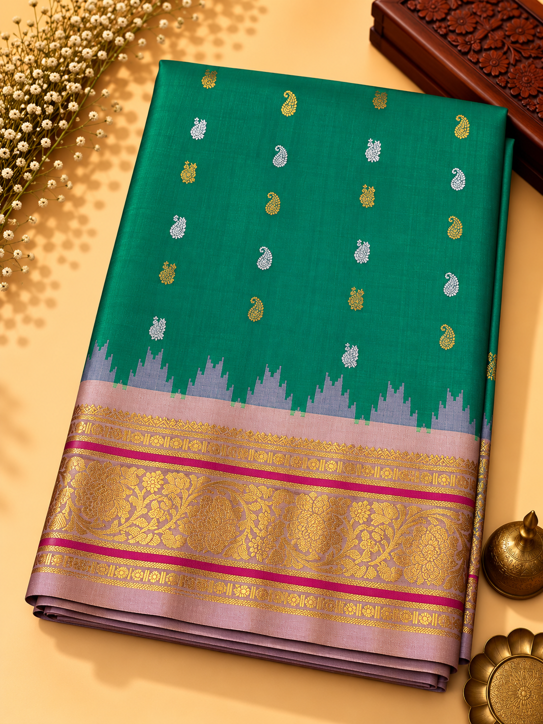 Gadwal Silk Saree – Emerald Green with Lilac Pink Floral Zari Border