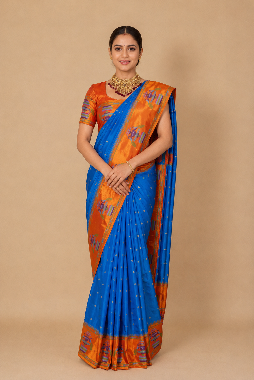 Paithani Silk Saree – Blue with Orange Zari Peacock Motif Border