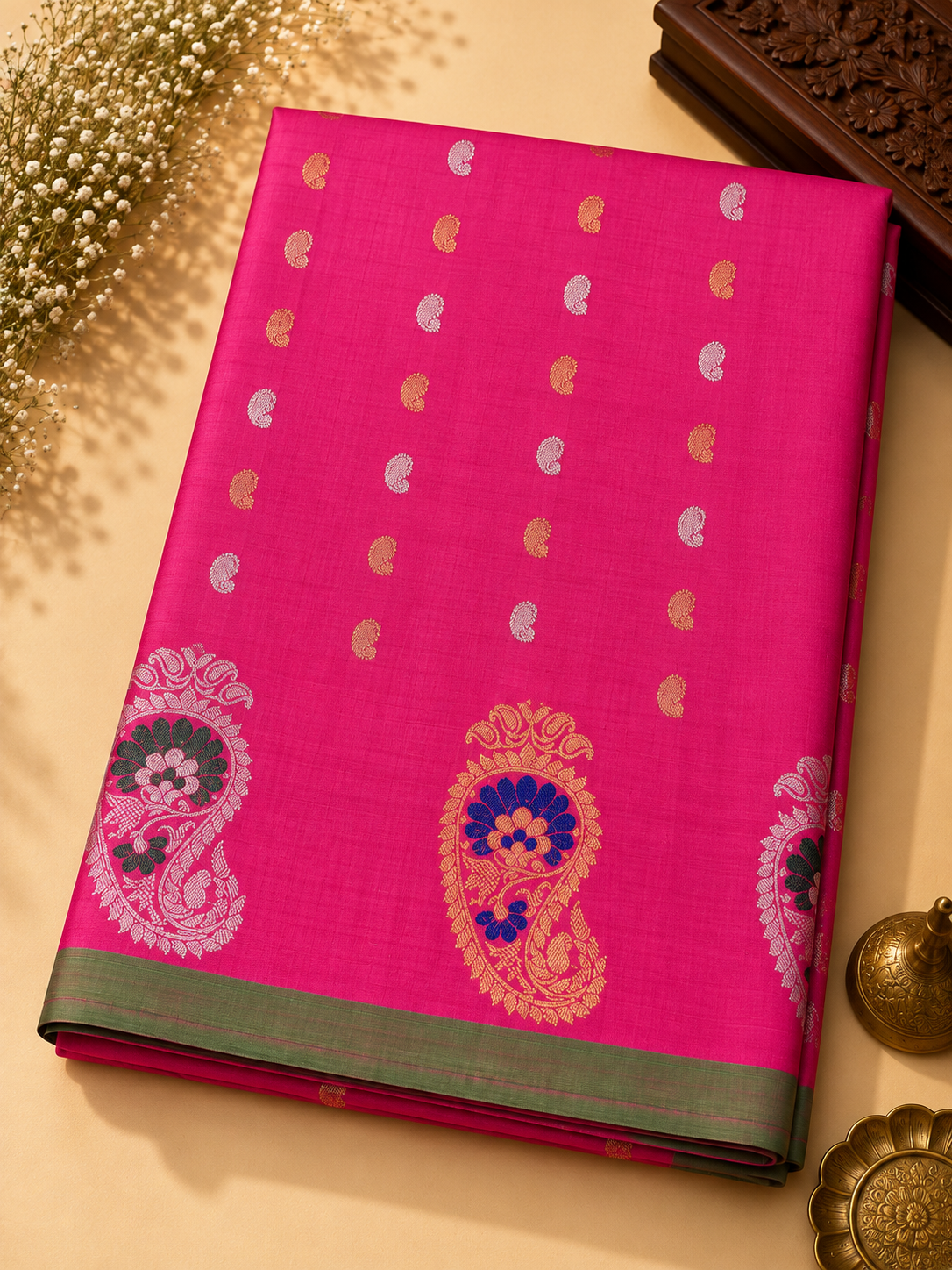 Gadwal Silk Saree – Rani Pink with Traditional Woven Paisley Pallu