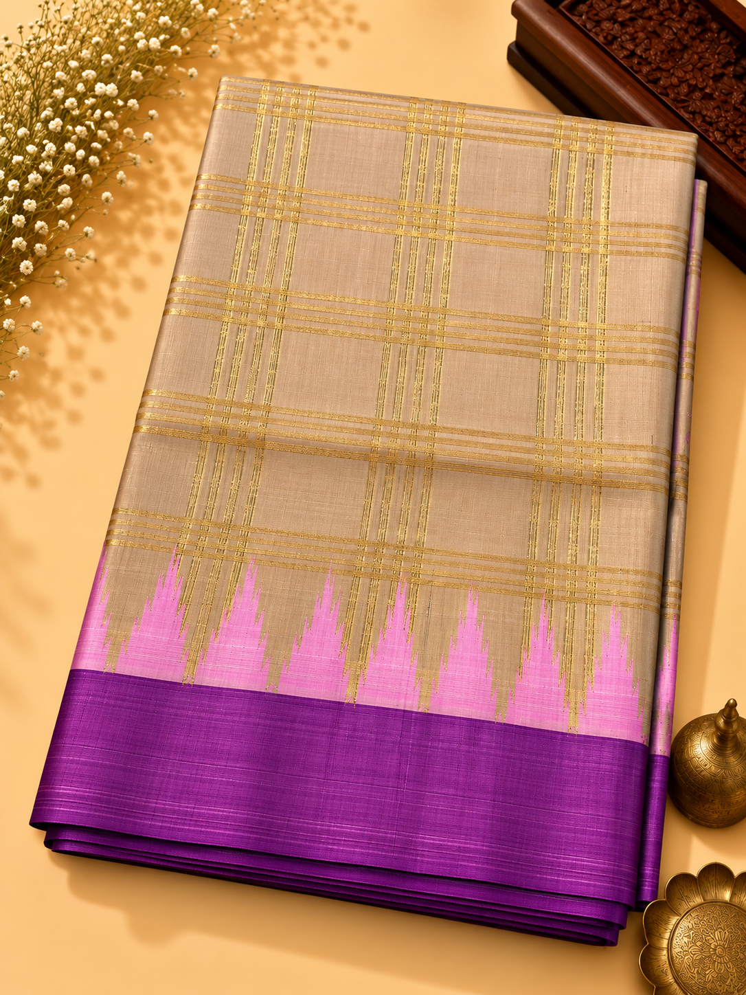 Gadwal Silk Saree – Golden Beige with Lavender Purple Woven Border