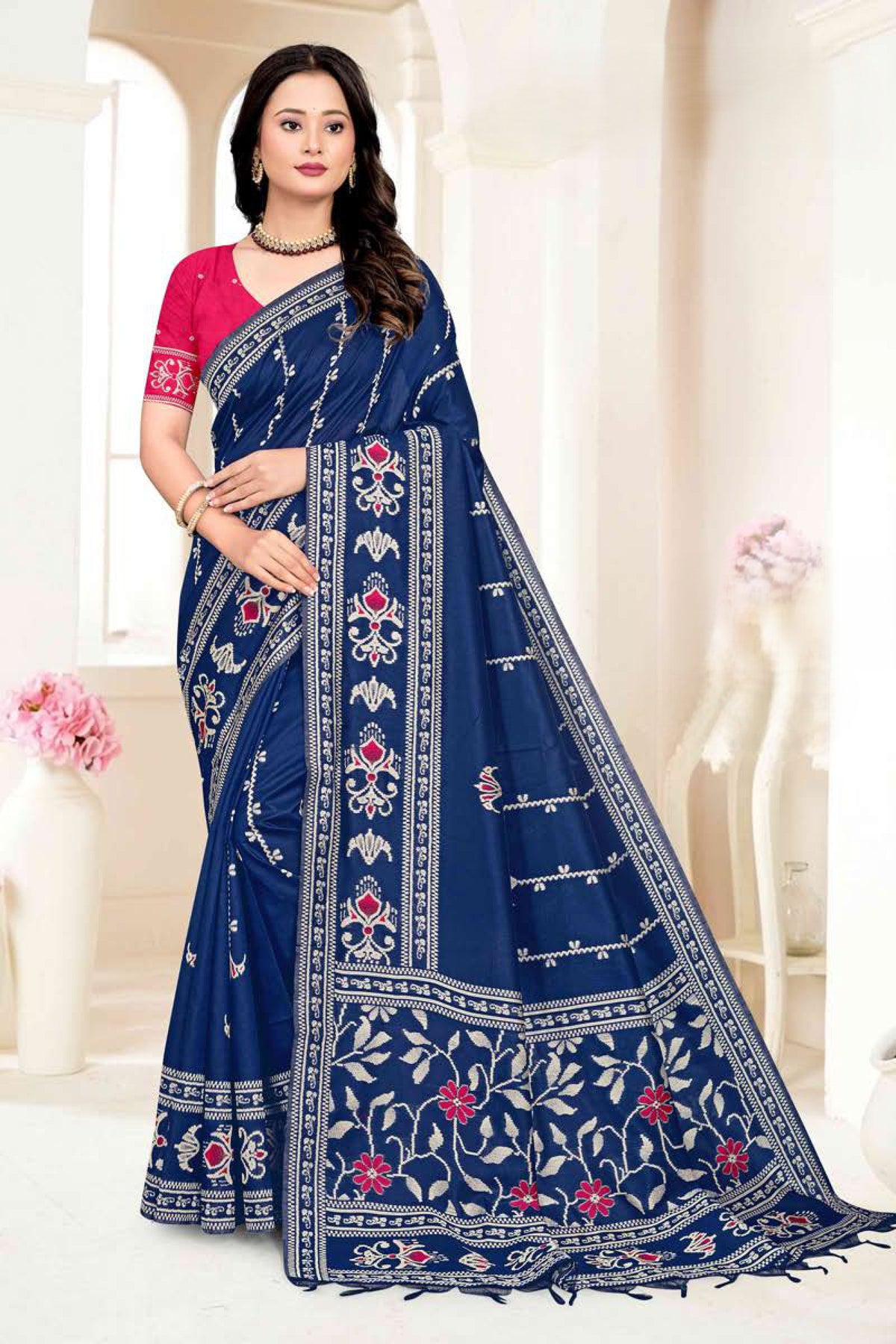 Premium Handloom Art Silk Saree with Geometric Weave & Ikkat Inspired Pallu