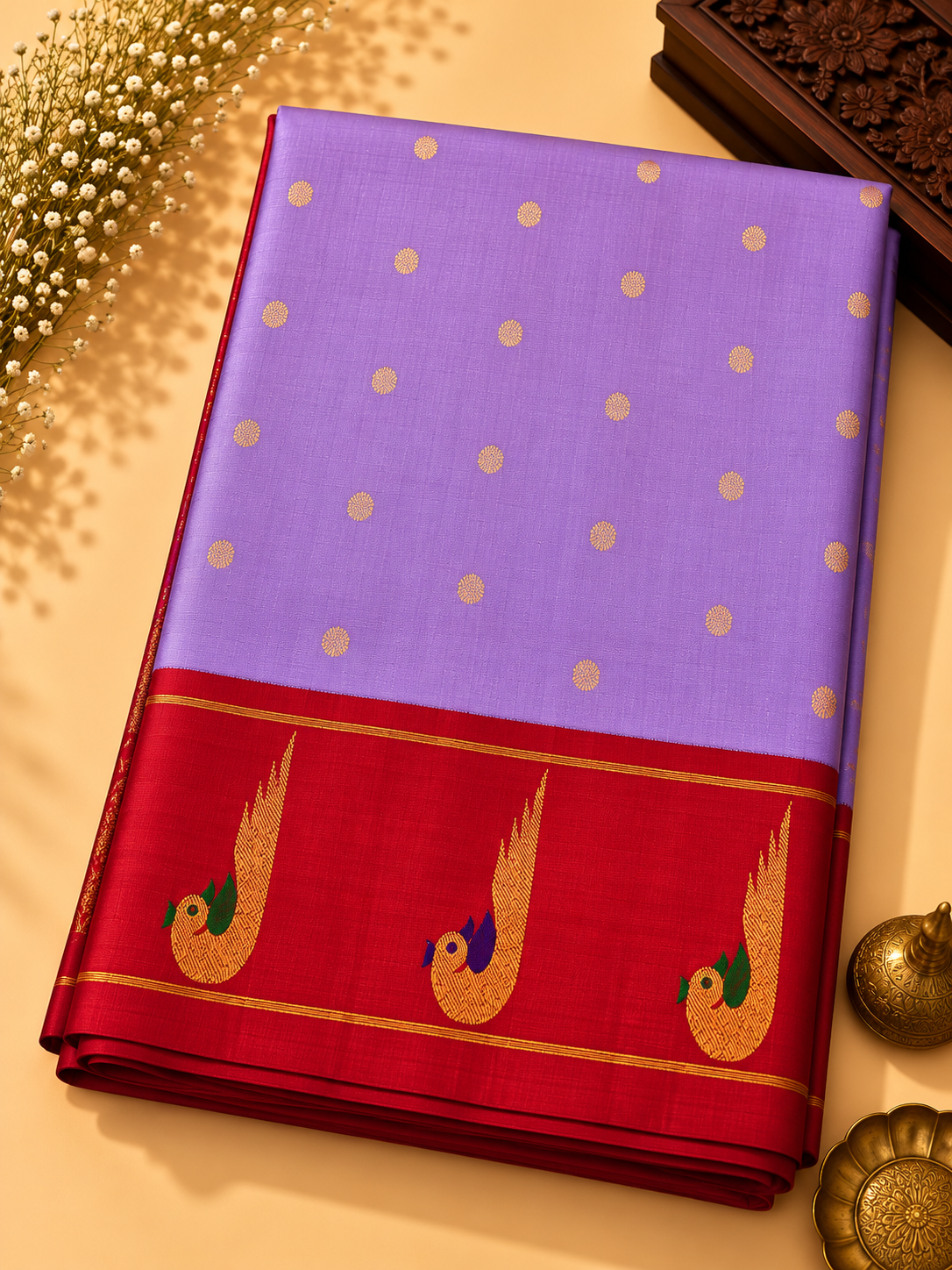 Gadwal Silk Saree – Lavender with Red Peacock Zari Border