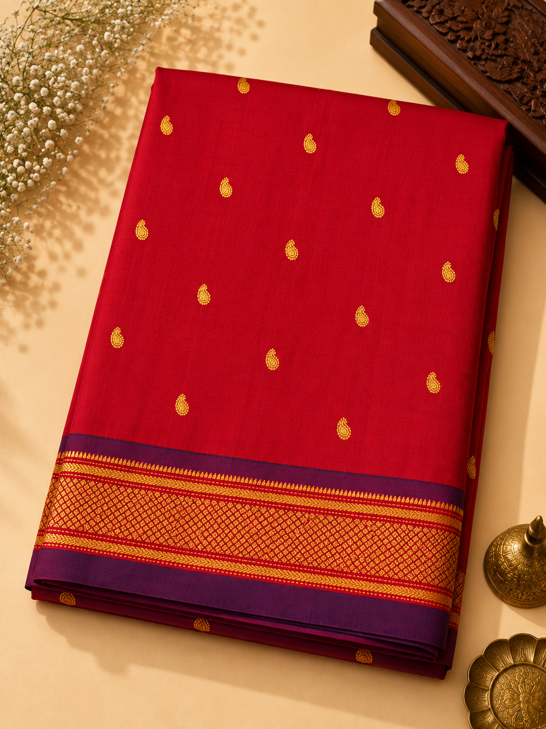 Paithani Silk Blend Saree – Deep Red with Orange-Gold Zari Border