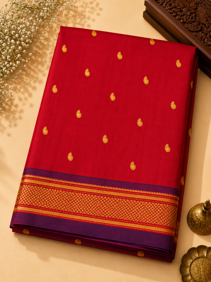 Paithani Silk Blend Saree – Deep Red with Orange-Gold Zari Border