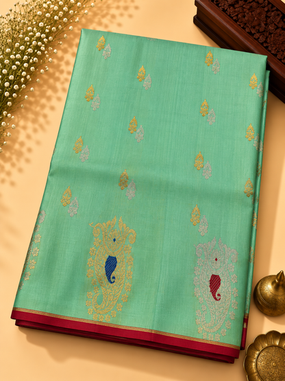 Gadwal Silk Saree – Mint Green with Purple Border &amp; Peacock Motifs