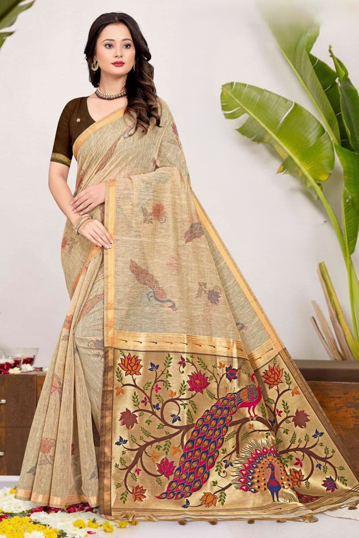 Paithani Saree with Peacock Tree of Life Pallu, Printed Feather Motif - Festive & Office Wear Saree for Women