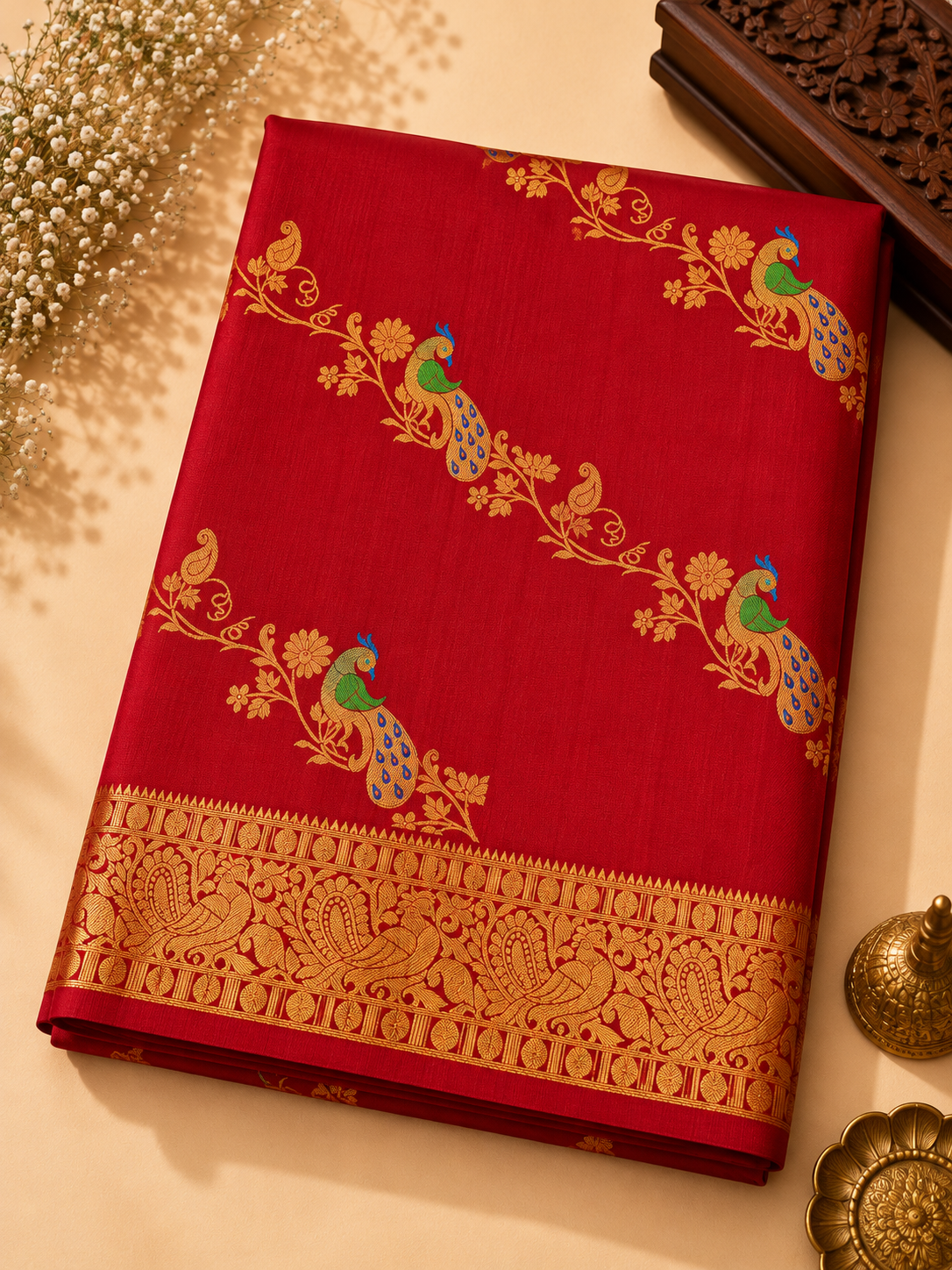 Gadwal Silk Saree – Maroon with Peacock Motifs &  Gold Zari Border