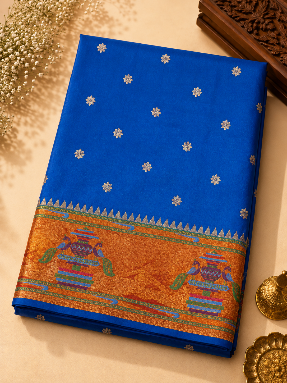 Paithani Silk Saree – Blue with Orange Zari Peacock Motif Border
